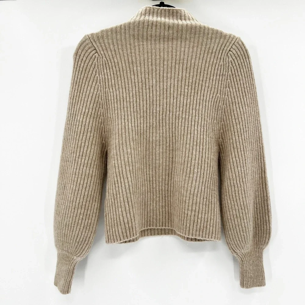 Cinnamon Knitwear Tan Beige Ribbed Mock Neck Lantern Sleeve Wool Blend Sweater S